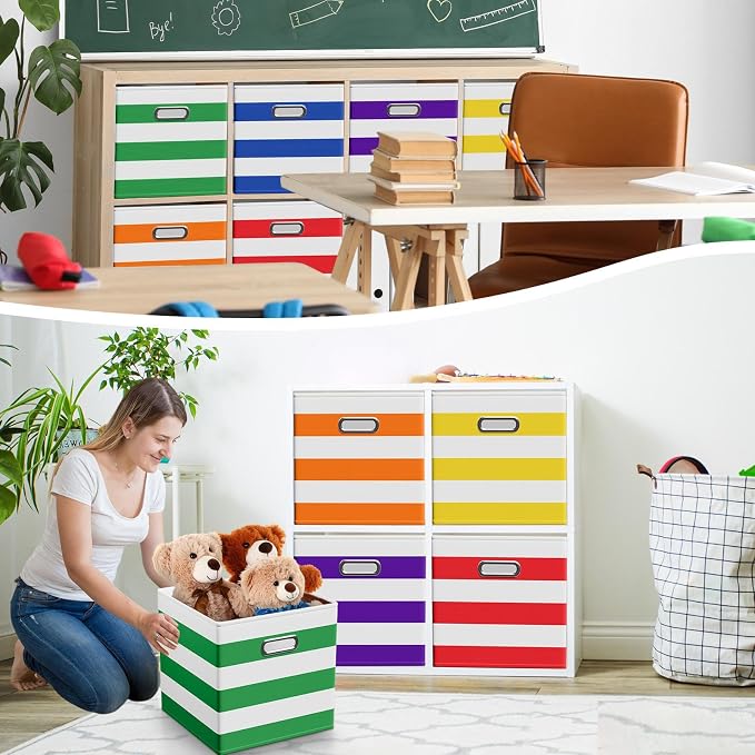 CroBlissful 11 Inch 6 Pack Fabric Storage Cubes with Metal Handles, Back to School Collapsible Organizer Bins for Classroom, Closet, Student Room, Toys and School Supplies (Dark Color)