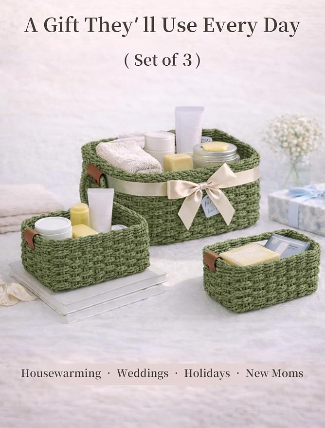 Small Wicker Baskets, 3 PCS Paper Rope Baskets for Shelves, Green | Recycled Small Baskets, 3 Sizes Woven Baskets for Organizing, Decorative Storage Baskets for Bedroom and Bathroom