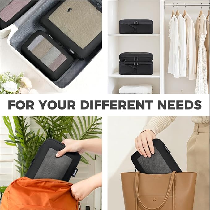 BAGAIL 4 Set/6 Set/8 Set Compression Packing Cubes Travel Accessories Expandable Packing Organizers (Square Mesh, 05-Jet Black)