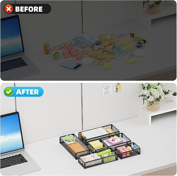 Marbrasse 5 Pack Desk Drawer Organizer Set, Mesh Drawer Storage Trays with 1 Adjustable Divider, Desk Organizers and Accessories, 5 PCS Drawer for Office Supplies, Makeup & Vanity (Black)