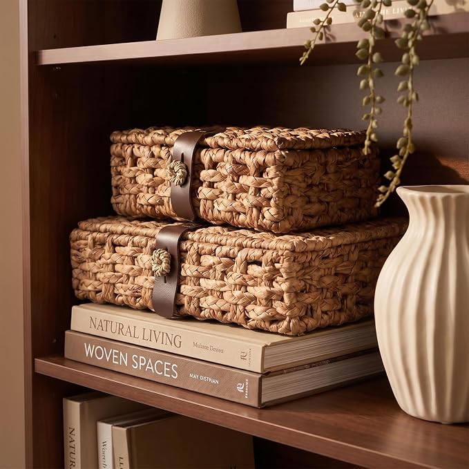 2 Pack Wicker Storage Basket with Lid, Woven Box with Lid, Wicker Basket With Lid for Shelf, Coffee Table, Console Table, Home Deco (Large/Small)