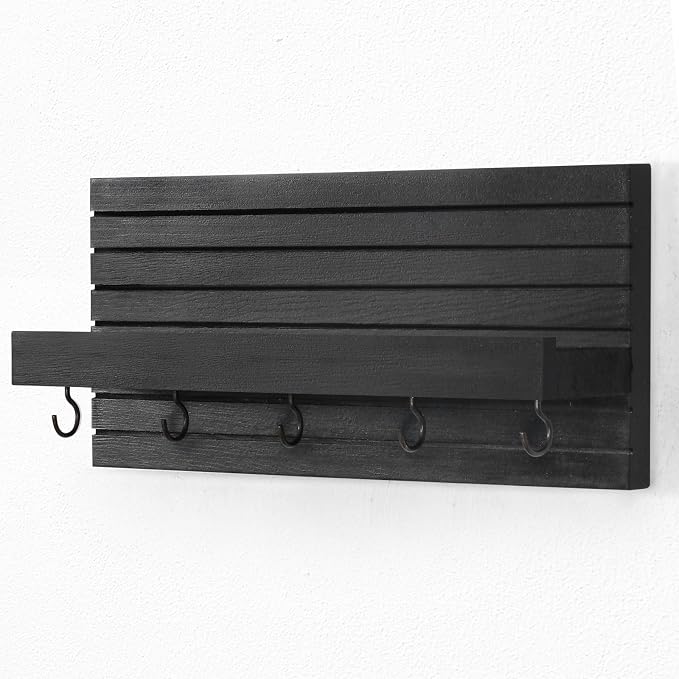 Lwenki Decorative Key Holder for Wall with Shelf, Entryway Shelf with Hooks Holds Leashes, Jackets and Glasses – Sturdy Wood Keyholder Entrance Hanger with Mounting Hardware (Black, Medium)