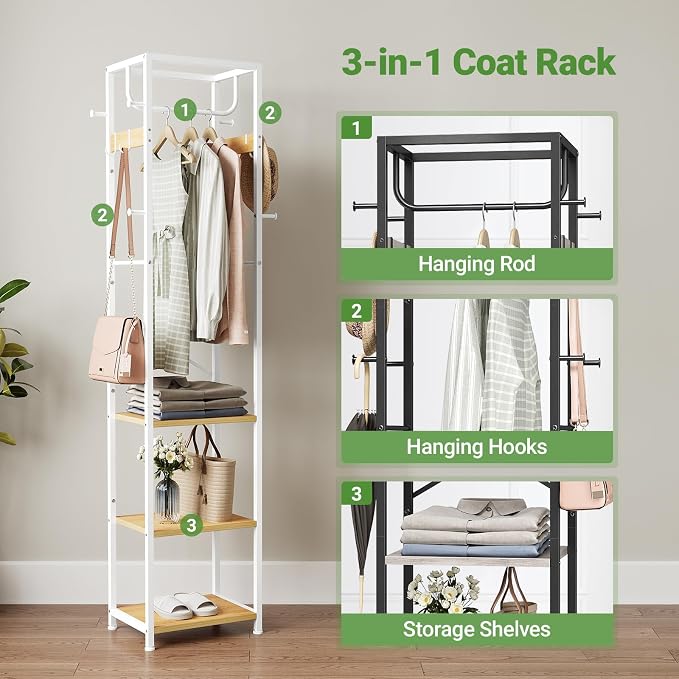 ELYKEN Coat Rack Freestanding, Hall Tree with 3 Shelves and 12 Hooks | Industrial Metal Frame, Space-Saving Design, Clothes Rack Stand Organizer for Bedroom, Hallway, Entryway, Office, Living Room