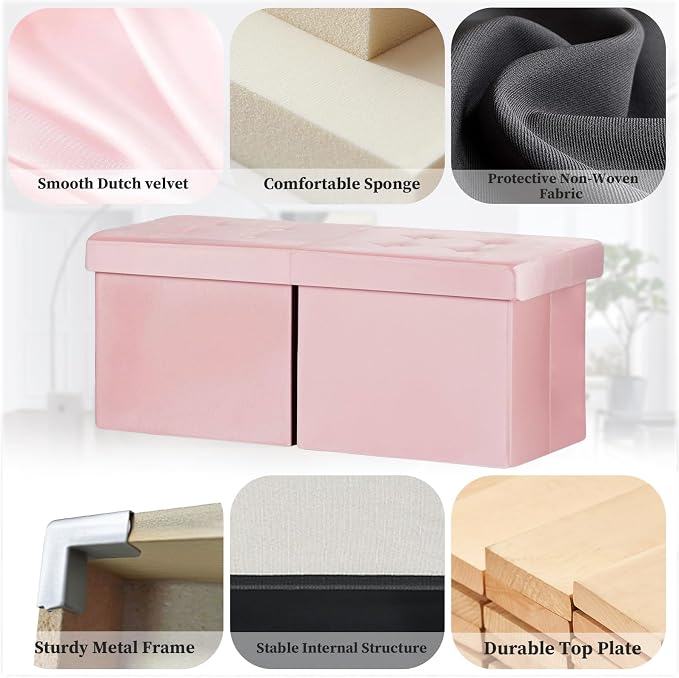 Bsketa Storage Ottoman Bench, 34" Folding Velvet Foot Rest Stool, Pink | Large Ottoman with Storage, Thicker Foam Padded Seat, Livingroom, Dorm, Bedroom, Easy to install, 86L,34 x 13 x 13in