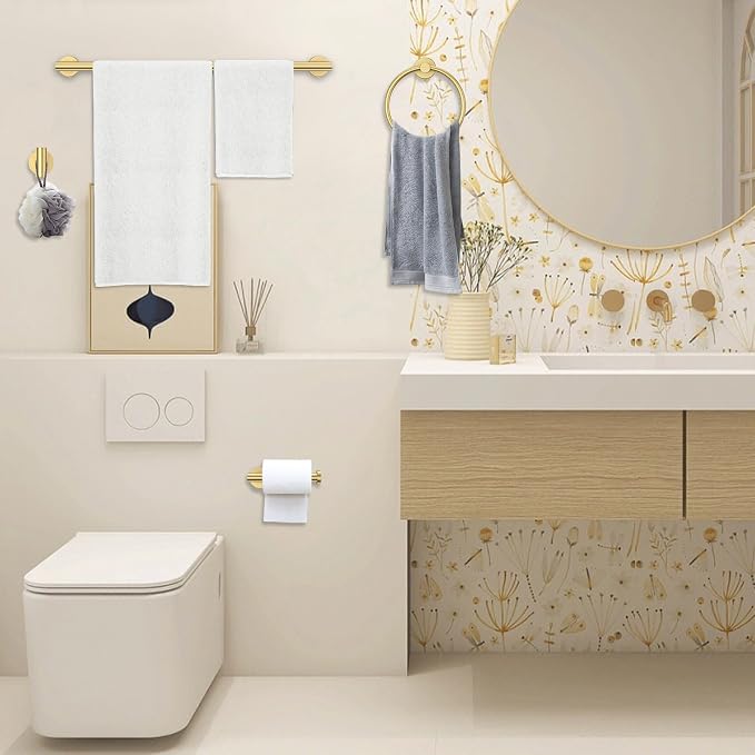 Brushed Gold Towel Bar Set 10 Pieces Round Bathroom Hardware Set Includes 23.6in Towel Bar Towel Ring Toilet Paper Holder Towel Hooks Stainless Steel Wall-Mounted Bathroom Towel Holder Set