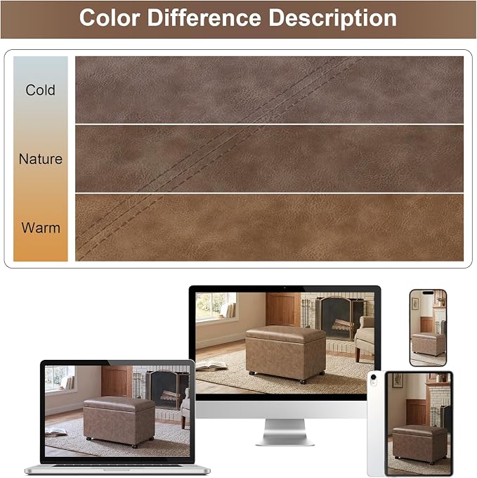 24" Storage Ottoman Bench with Wheels, Rectangle Faux Leather Foot Stool for Living Room, Bedroom, Entryway, Earthy Light Brown Veining