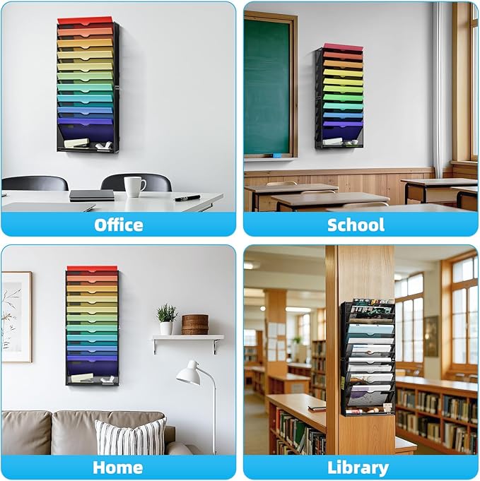 Marbrasse Wall File Holder 11-Tier Hanging Wall File Organizer, for Papers, Files Clipboard & Magazine Organizer, Wall Mount File Holder Great for Office Home (Black)