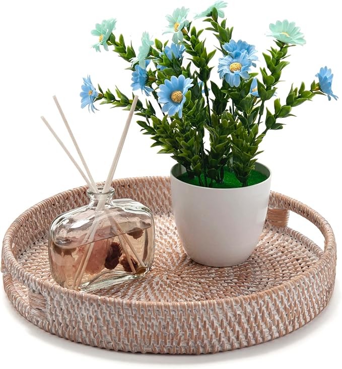 Round Rattan Serving Tray Decorative Woven Ottoman Trays with Handles for Coffee Table White (Small 11.8 inch x 2 inch)