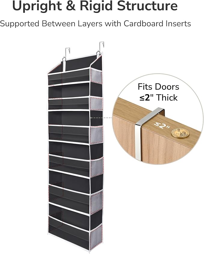 ULG Over The Door Organizer with 6 Large Pockets 12 Side Pockets, 50lbs Weight Capacity Door Hanging Organizer for Bedroom, Bathroom Black