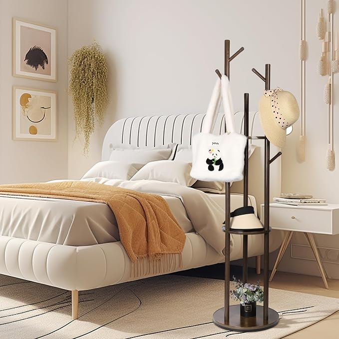 Wood Coat Rack Freestanding Rotary Coat tree with 3 Shelves and 9 Hooks | Heavy Duty Coat Rack Coat Hanger Stand for Entryway, Bedroom, Living Room – Holds Jackets, Coats, Hats, Bags (Walnut)