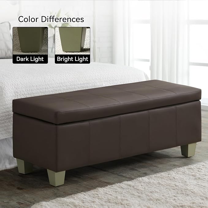 WUTUTUEE 51" Faux Leather Storage Ottoman, Stitch Tufted Rectangle Upholstered End of Bed Storage Bench, Entryway Large Couch Ottoman with Wooden Legs,Brown