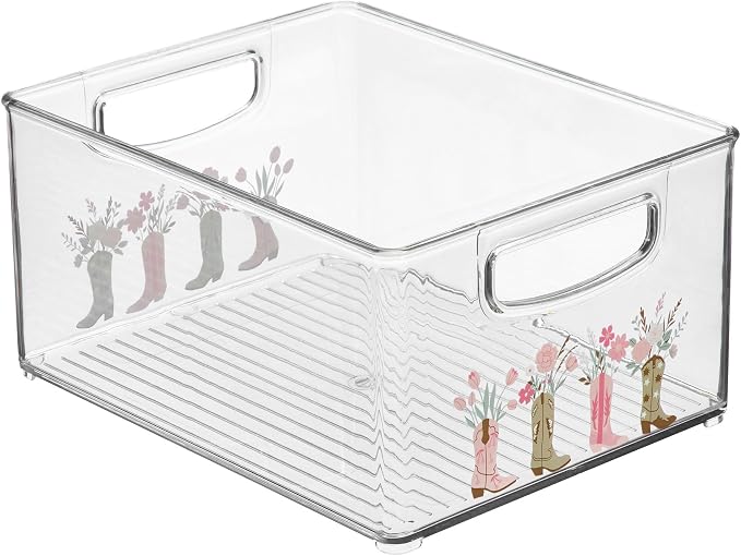 iDesign Bathroom Organizer Bin, Clear/Western | Decorative Print, Stackable, Plastic Storage Basket, For Makeup & Vanity Organization