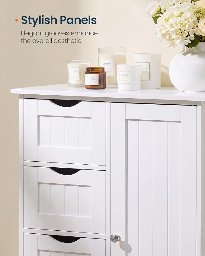 SONGMICS Home Floor Storage Cabinet, Freestanding Storage Cabinet for Bathroom, Kitchen, Living Room, 4 Drawers and Adjustable Shelf, White
