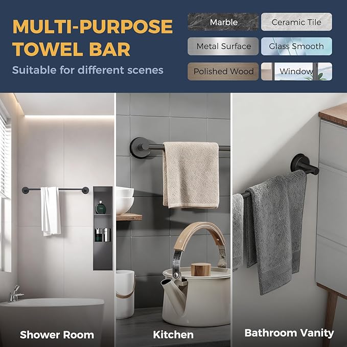 14.6inch~24inch Towel Racks for Bathroom,Adjustable Suction Cup Towel Bar for Bathroom Wall,Stainless Steel Bath Towel Holder for Shower(Matte Black)
