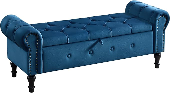 Storage Bench 51" Velvet End of Bed Benches Navy Blue | Queen Size Storage Bench for Bedroom with Rolled Arms Tufted Ottoman Benches Upholstered Bench for Living Room Entryway