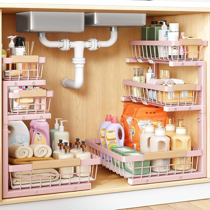 PXRACK Under Sink Organizer, 2-Pack 3-Tier Height Adjustable Thickened Metal Pull out Cabinet Organizer Shelf, Slide out Storage Drawer Rack for Bathroom Kitchen Pantry Home Organization, Pink