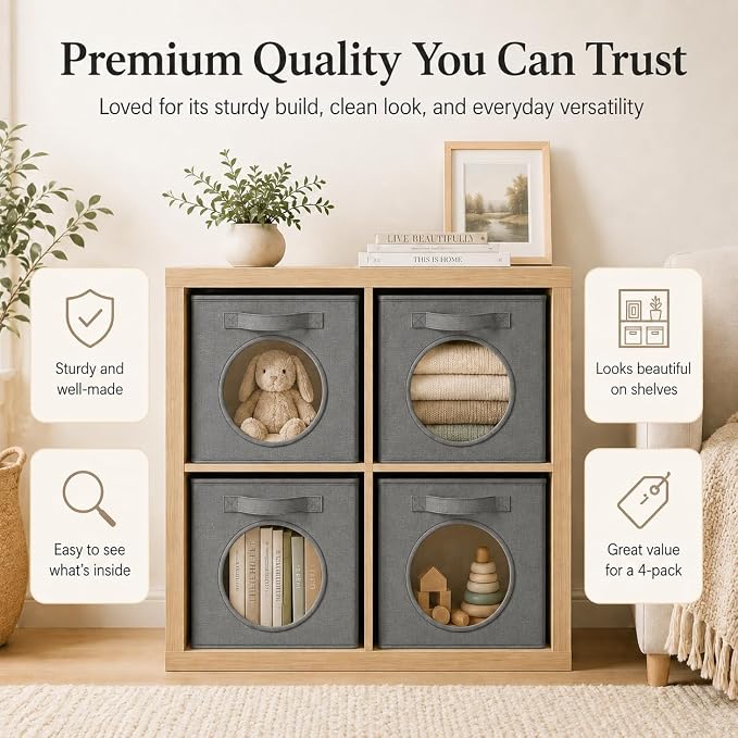 Storage Cubes with Mesh Window, 13'' Cube Storage Bin, Dark Gray, 4 Pack | See through Round window, Foldable Odor-Free & Sturdy PP Structure, Cubby Baskets for Closet, Shelves, Bedroom and Offices