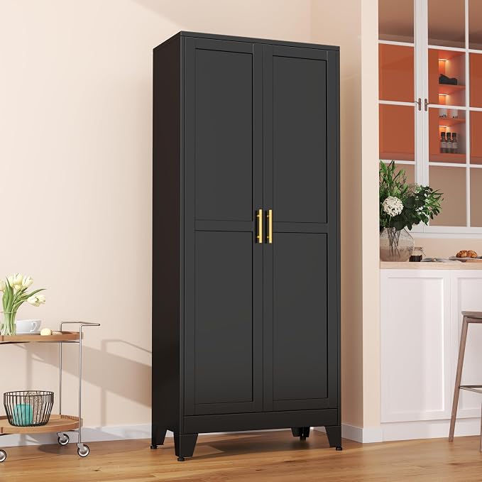 winiowa Metal Pantry Cabinet with 2 Doors and Adjustable Shelves - 71" Kitchen Storage Cabinet with Gold Handles - Versatile Storage for Kitchen, Bathroom, Dining Room, Utility Room - Black