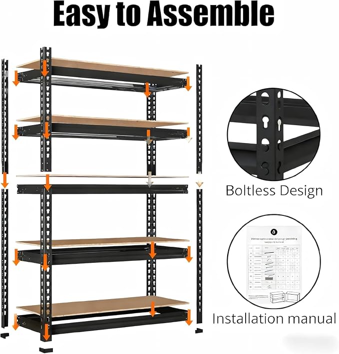 Storage Shelving Unit, 5-Tier Adjustable Metal Storage Shelves, 48" L x 18" W x 72" H Heavy Duty Garage Storage Shelves for Kitchen Pantry Basement Bathroom Laundry