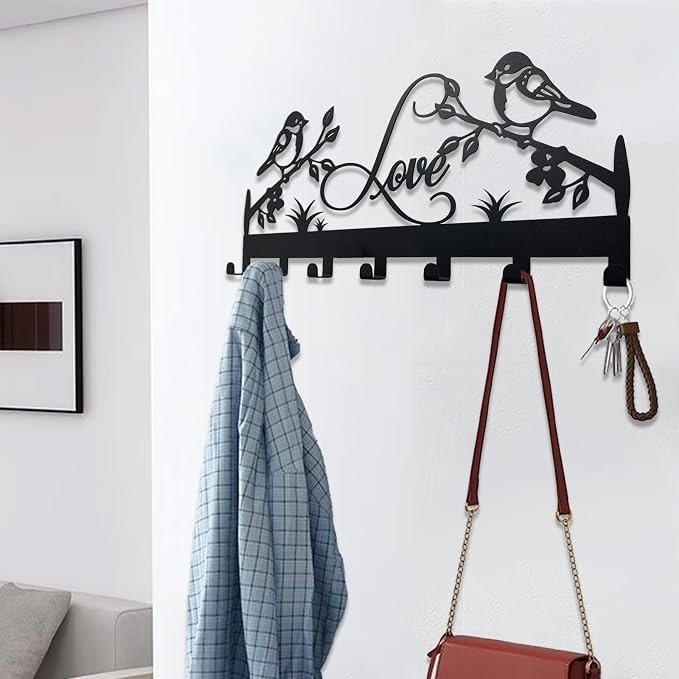 Metal Key Holder, Wall Mounted Key Hooks, Key Holder for Wall, Key Organizer Rack with 7 Hooks, Key Hanger Decor for Kitchen, Entryway, Hallway, Bedroom, Doorway (Birds 12IN)