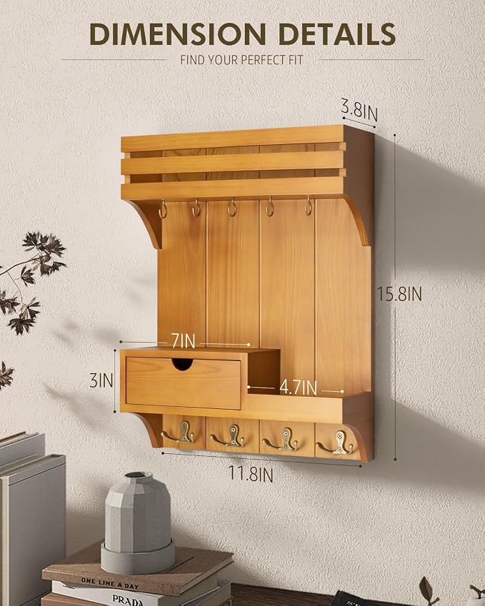 Rebee Vision Key Holder Wall Mount with Drawer for Room Decor, Light Brown | Pine Wood, Key Holder for Wall, 9 Key Hooks, Drawer Organizer, Floating Wall Shelf, Mail Sorter, Room Decor Aesthetic