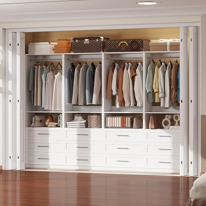 Closet System with 12 Drawers, 8FT-21FT Custom Closet Organizer System Modular Walk in Closet Freestanding Corner Closets Storage with 8 Hanging Rods & 4 Shelves, White (8FT)