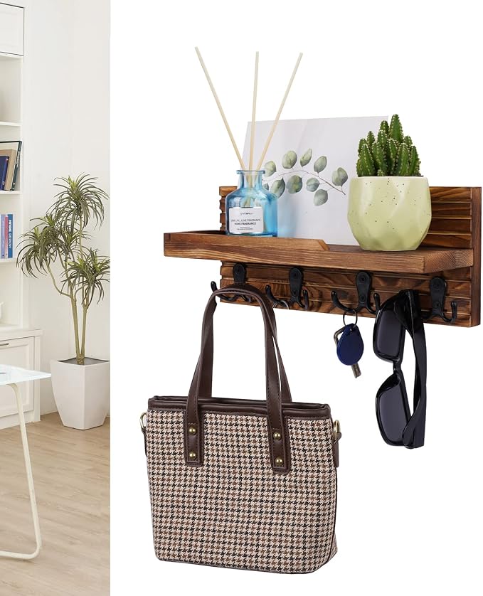 Decorative Key Hanging Rack with 4 Double Hooks – Easy Install Natural Wooden Key and Mail Holder for Wall Mount – Entryway Decor Rack with Shelf (Brown)