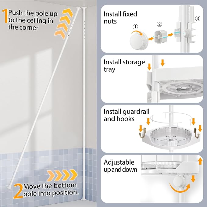 360° Rotating Corner Shower Caddy Tension Pole Organizer (White) | 4-Tier rotating shelves with hooks, adjustable tray height, upgraded rustproof metal pole, removable trays for shower storage