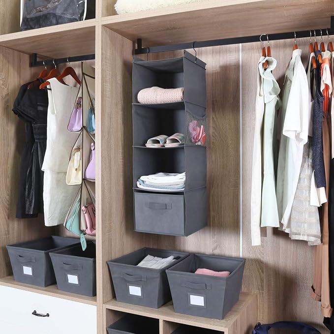 MAX Houser 4-Shelf Hanging Closet Organizer, Space Saver, Cloth Hanging Shelves with 2 Side Pockets, Foldable (Grey)