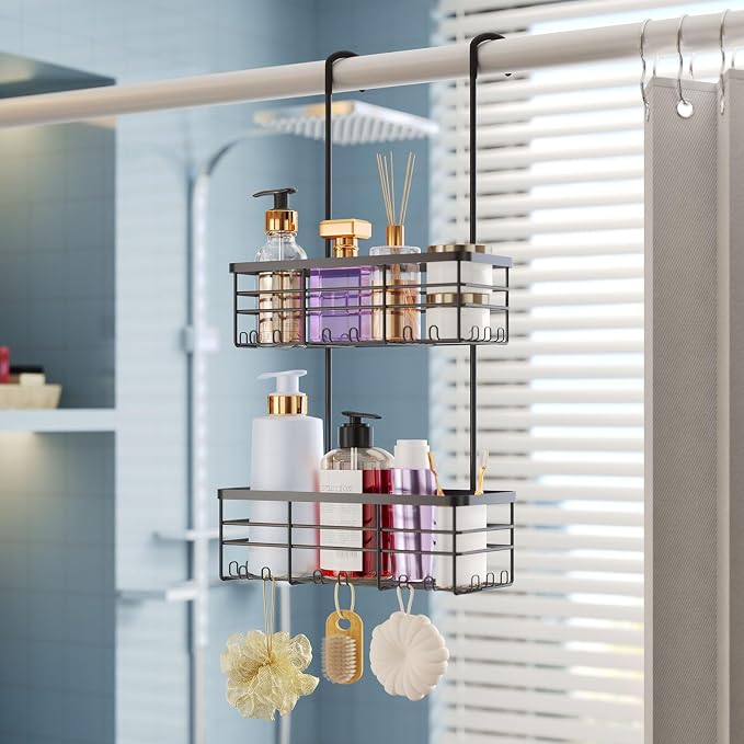 HapiRm Hanging Shower Caddy Organizer - No Drilling Shower Organizer with Hooks, Rustproof & Waterproof 304 Stainless Steel Bathroom Shelves - Black