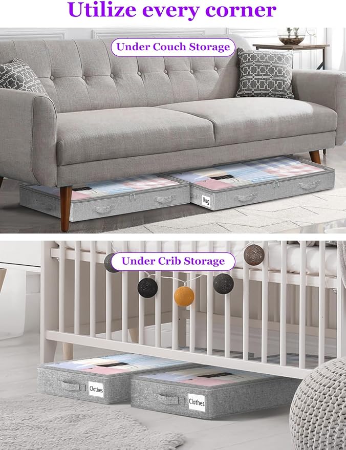 4-in Low Profile Under Bed Storage, No Structure, 2-Pack, Gray | 4" Ultra-Slim, Clear Lid, Reinfoced Handles & Smooth Zips, Dustproof & Waterproof, for Low Bed, Couch, Crib Storage
