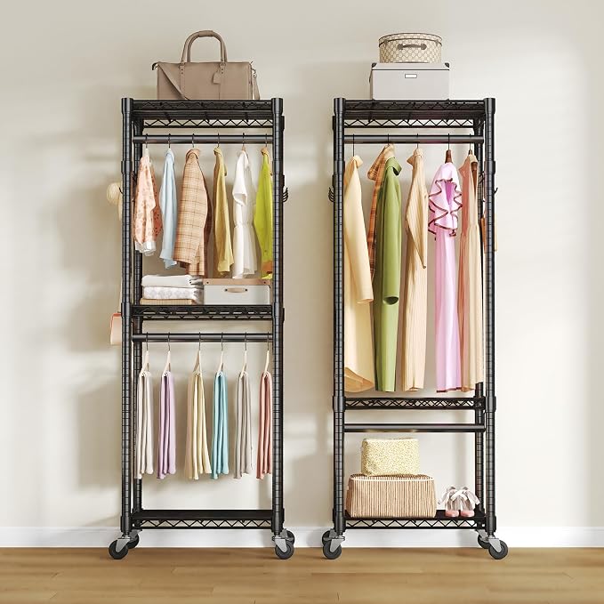 OLIXIS Rolling Clothes Rack, Heavy Duty Garment Rack, 23 IN, Metal Black | Adjustable Closet Organizer for Hanging Clothes, Portable Closet with 2 Side Hooks