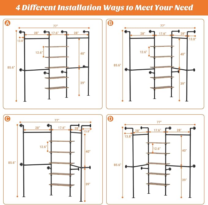 Aheaplus Industrial Pipe Clothing Rack, Reversible 6.42FT Clothes Rack for Hanging Clothes, Heavy Duty 5-Tier Closet Wardrobe Garment Racks with Shelves, Corner Closet Organizer System, Rustic Brown