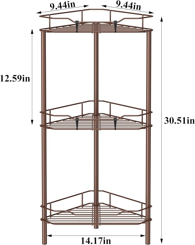 HuggieGems 3 Tier Floor Standing Corner Shower Caddy Organizer Shelf with Hooks, Bathroom Shelves Stand Rack, Coffee