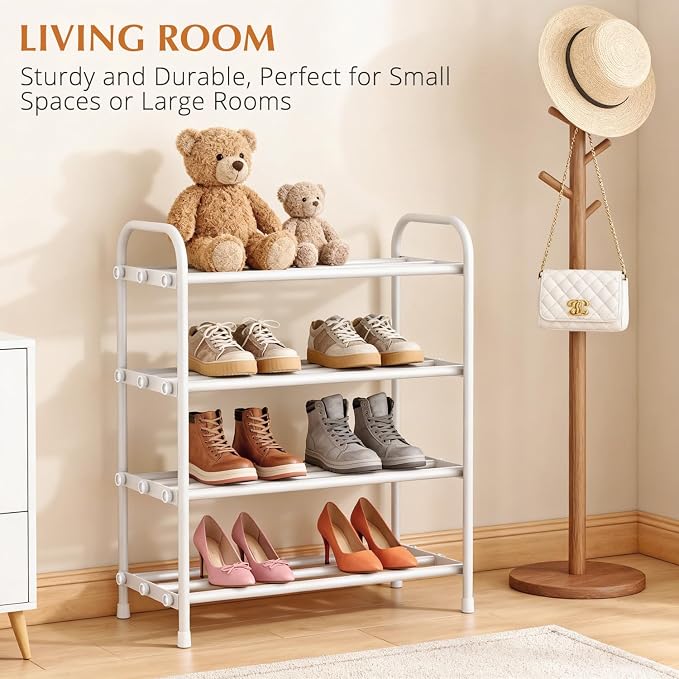 INSMART 4-Tier Expandable Shoe Rack, Stackable and Adjustable Shoes Organizer Storage Shelf, Sturdy and Durable Metal Structure Free Standing Shoe Rack for Closet Entryway Doorway, White