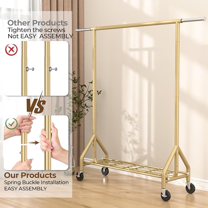 HYSEYY Heavy Duty Clothes Rack Load 450 LBS, Metal Garment Rack, Standing Rolling Clothing Rack for Hanging Clothes with Sturdy Wheels & Shelves, Portable Closet Wardrobe Rack,Gold
