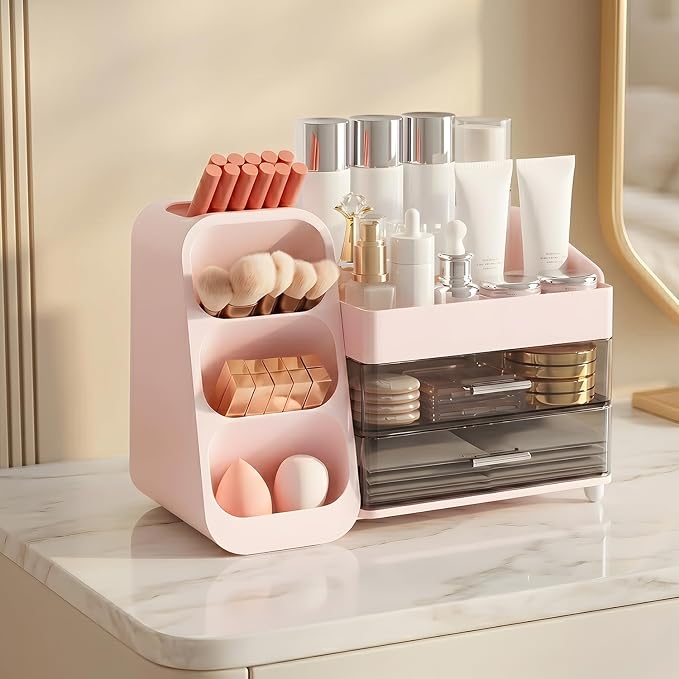 Makeup Organizer for Vanity with Brush Holder and 2 Drawers, Pink | Large-Capacity Makeup Holder Organizes Skincare, Cosmetics and Daily Beauty Products for Tidy Vanity and Bathroom Counters