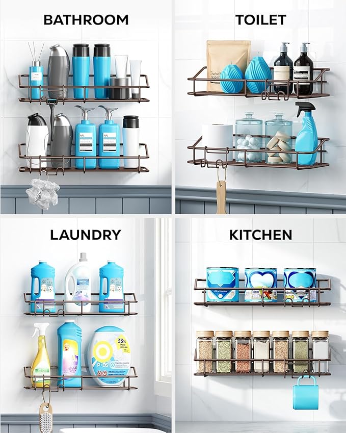 Nieifi Shower Caddy Shelf with Hooks Storage Rack Organizer Adhesive Stainless Steel without Drilling for Bathroom, Lavatory, Washroom, Restroom, Shower, Toilet, Kitchen (Brown, 3 Pack)