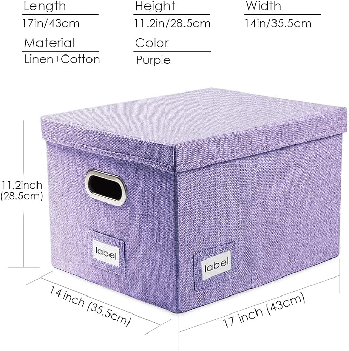 File Organizer Box - Set of 1 Collapsible Decorative Linen Filing Storage Hanging File Folders with Lids Office Cabinet Letter/Legal Purple (17x14x11.2 inch)