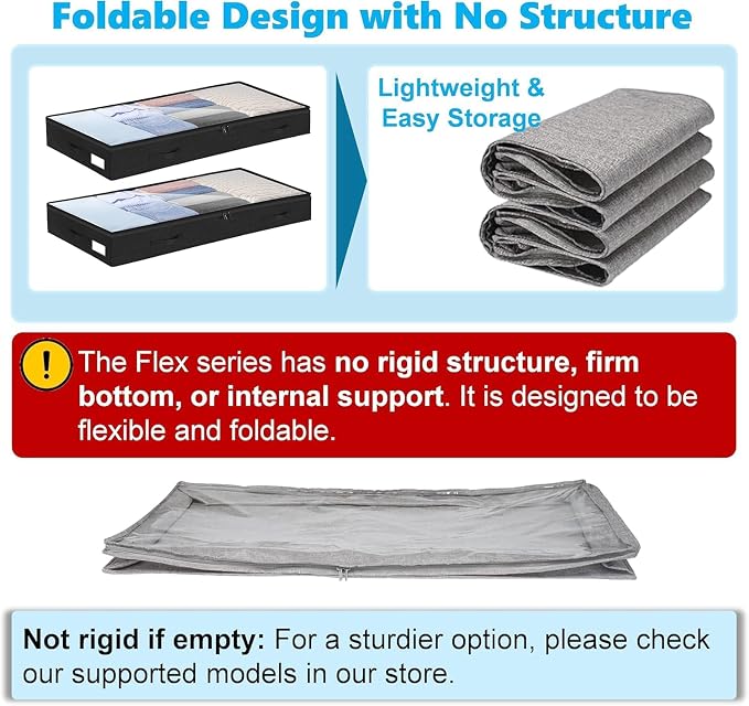 4 Inch Low Profile Under Bed Storage Drawer 2 Pack, Lightweight Underbed Clothes Storage Container Bins With NO STURCTURE, Shallow Storage Bag for Dorm & Home, With Clear Lids & Water-Resistant Fabric