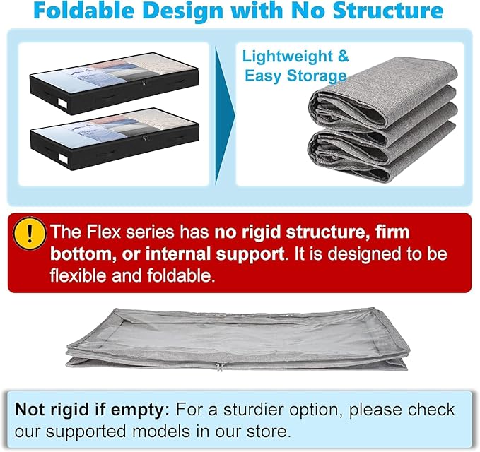 4 Inch Low Profile Under Bed Storage Drawer 4 Pack, Lightweight Underbed Clothes Storage Container Bins With NO STURCTURE, Shallow Storage Bag for Dorm & Home, With Clear Lids & Water-Resistant Fabric