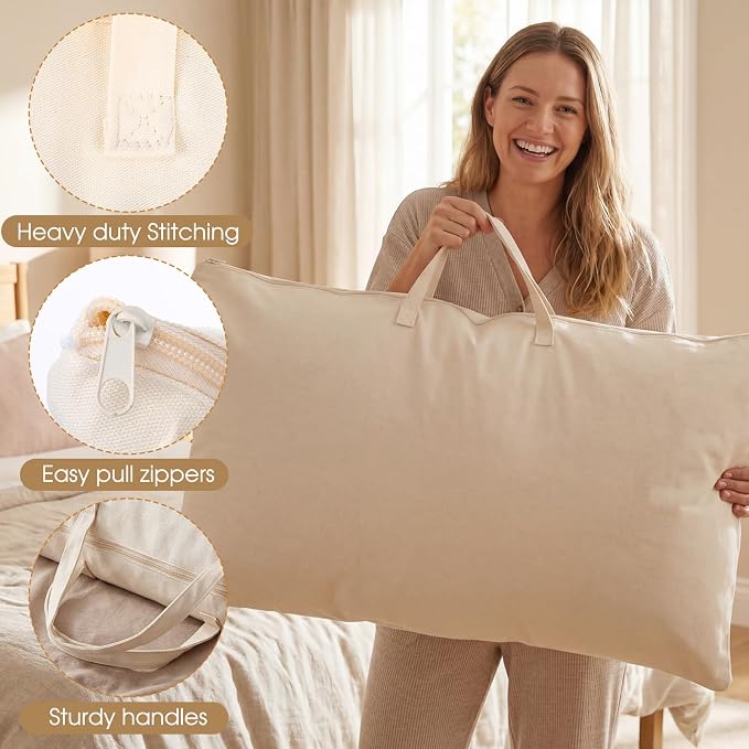 2 Pack Travel Pillow and Blanket Bags, 100% Cotton Canvas Pillow Storage Bag with Handles for Airplane Home, Heavy Duty Breathable Organizer for Bedding Linens, Pillow Bag for Traveling(2,20"x36")
