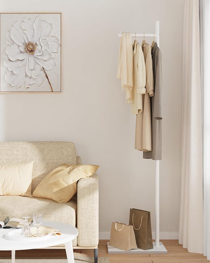 Yawinhe Metal Coat Stand with Square Base,68.5 Inches High,White,1-Pack | Coat Rack with Rock Base;L Shaped Freestanding Hall Tree;Clothes Hanger Stand Suitable for Bedroom,Hallway, Entrance