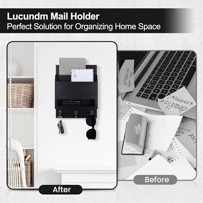 Key and Mail Holder for Wall, Key Holder with Chalkboard and Long Storage Box, Key Hanger with 3 Sturdy Hooks for Coat, Dog Leash, Entryway Mail Organizer (Black)