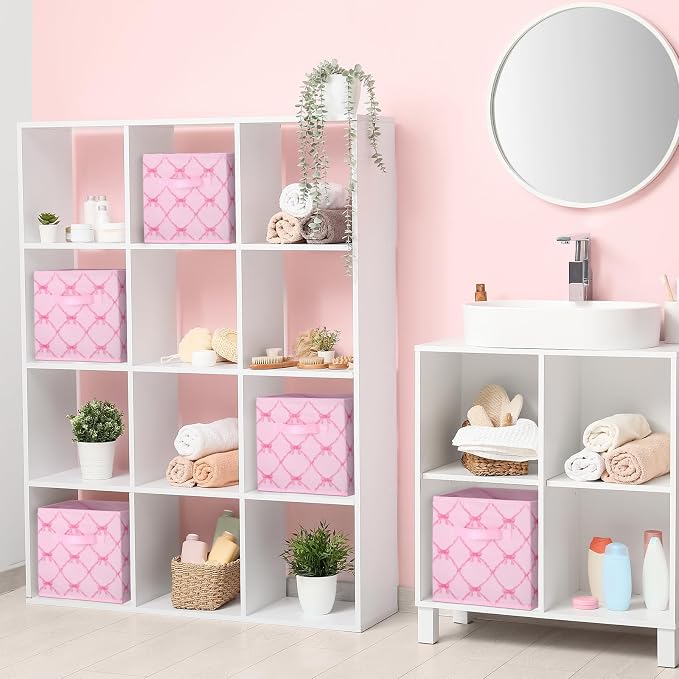 6 Pcs Pink Bow Cube Storage Bins 11 Inch Storage Basket with Handle, Preppy Girls Organizer Basket, Collapsible Fabric Box for Classroom Bedrooms Office Home Decoration Gift