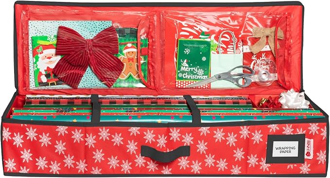 HOLDN’ STORAGE Premium Wrapping Paper Storage Container, Red w/Snowflakes | Durable 600D Tear-Proof, Fits 27 Rolls Gift Wrap, Extra Pockets for Ribbons & Bows, Underbed Storage