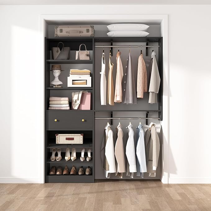 Closet System with Drawer - Reversible 5FT Wood Closet Organizer System with 2 Hanging Rods and Adjustable Shelf, Walk In Closet Organizers with Shoe Rack, Built-In Garment Rack Clothes Rack, Black