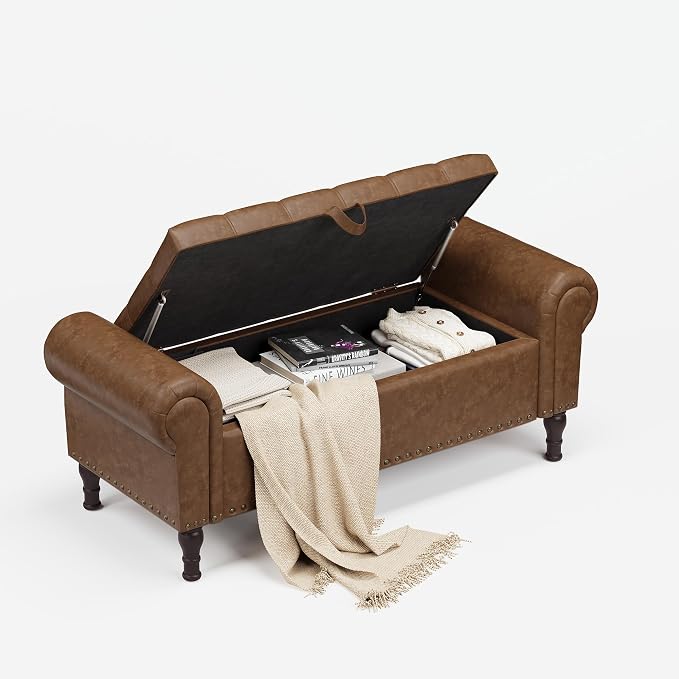 YOUDENOVA 51" Entryway Bench with Storage, PU Leather End of Bed Bench with Tufted Button, Upholstered Ottoman Bench with Rolled Arms for Living Room, Storage Room, Bedroom, Brown