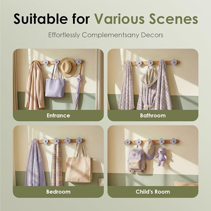 Tindbea Upgreded Heavy Duty Coat Rack Wall Mount for Entryway, Kids' Room | Cheery Wood, Purple, 5 Hooks
