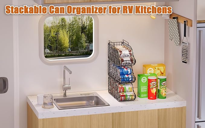 Sonyabecca 8 Pack Stackable Can Organizer for Pantry Cabinet Food Storage | Wire Storage Rack Holds Up to 72 Cans, Beverages and Food. Small Metal Organizer for Kitchen Counters, Fridges and RV
